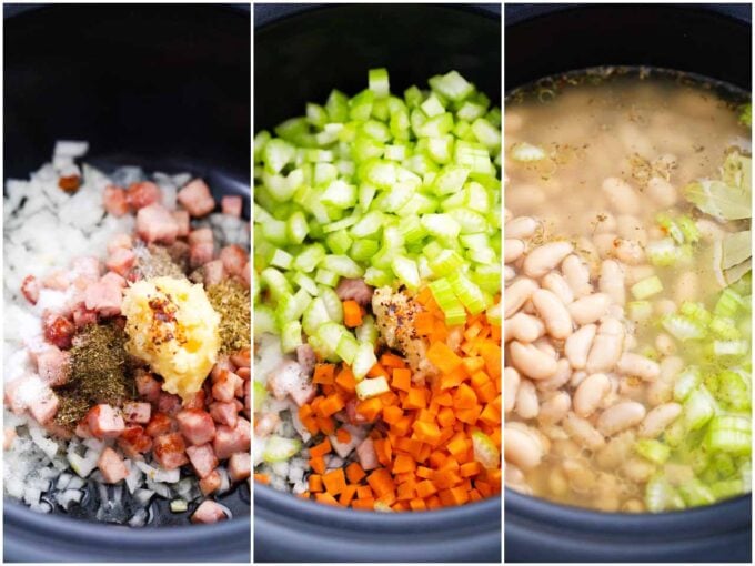 adding ham and bean soup ingredients to the slow cooker