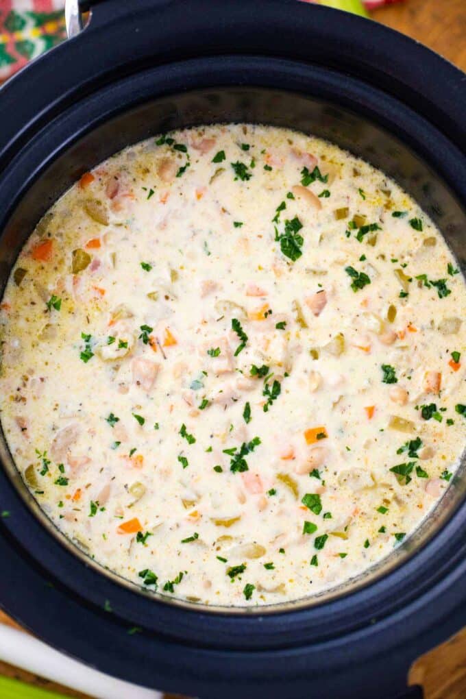 overhead shot of homemade slow cooker ham and bean soup