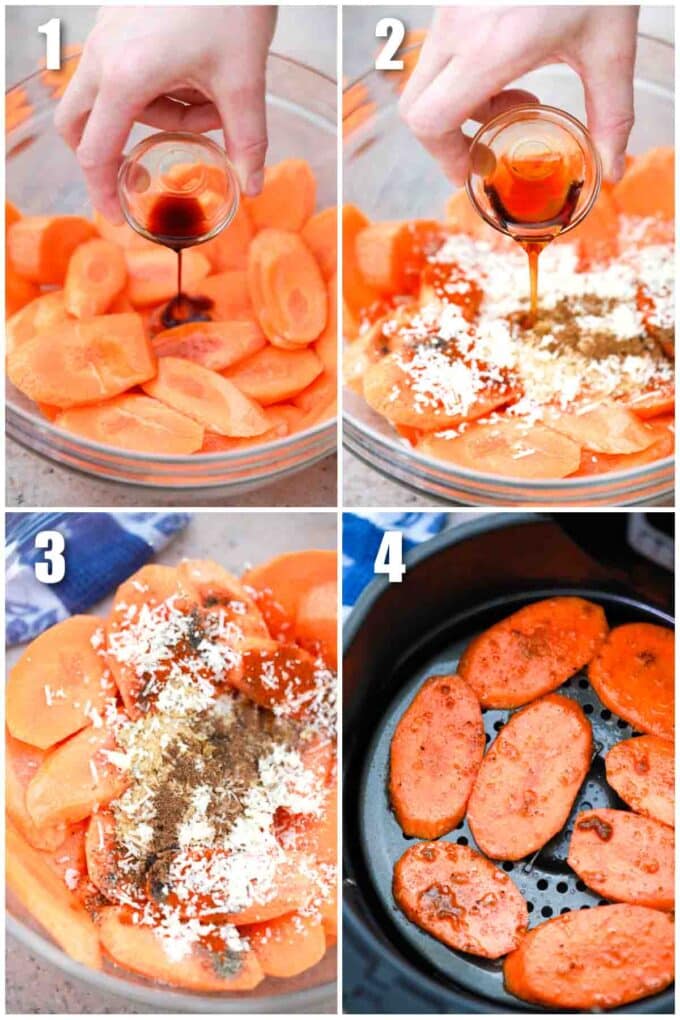 photo collage of steps how to make air fried carrots