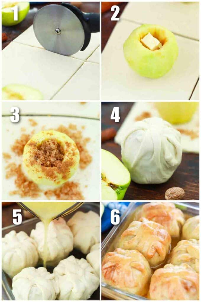 photo collage of steps how to make apple dumplings