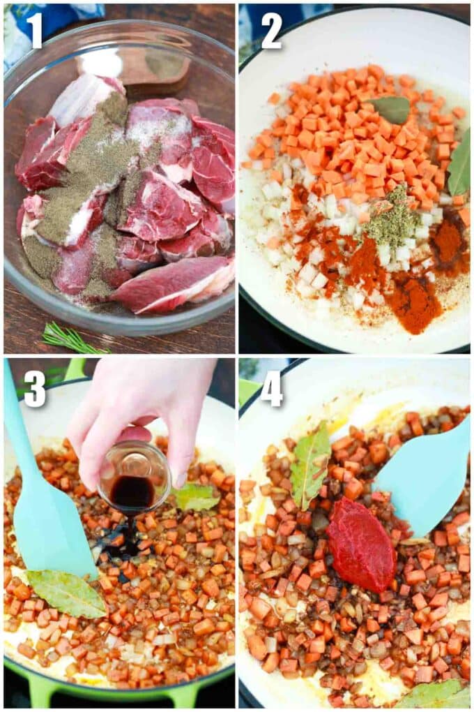 photo collage of steps how to make beef and mushrooms