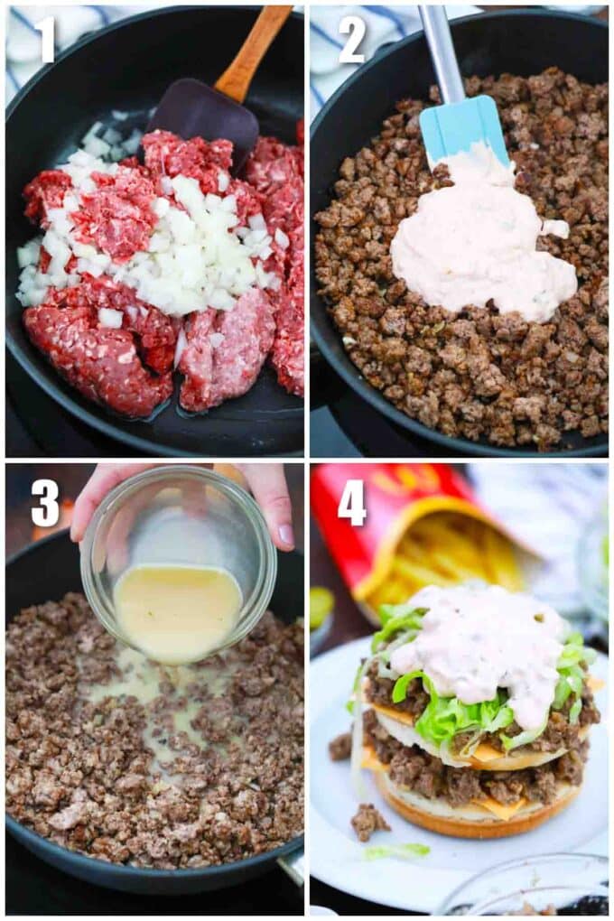 photo collage of steps how to make big mac sloppy joes