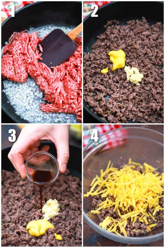 photo collage of steps how to make cheeseburger egg rolls filling