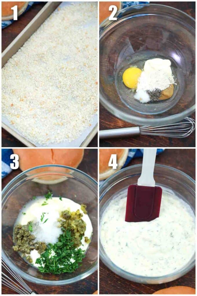 photo collage of how to make sauce and breading for McDonald's fish sandwich