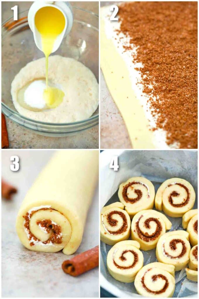 photo collage of steps how to make crockpot cinnamon rolls