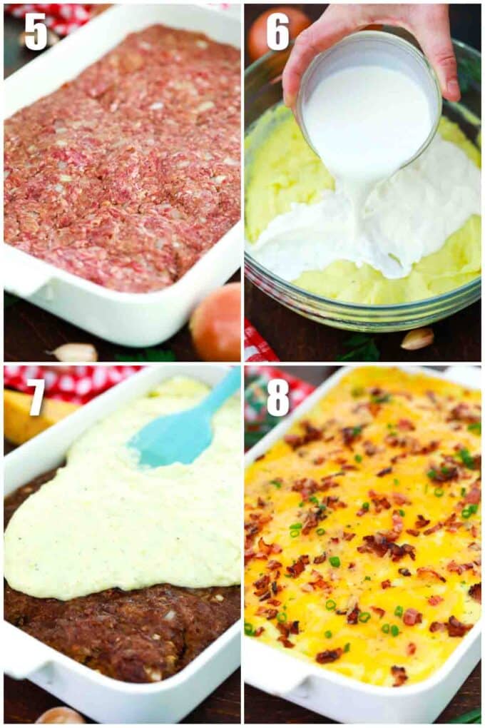 photo collage of steps how to make mashed potatoes and meatloaf casserole