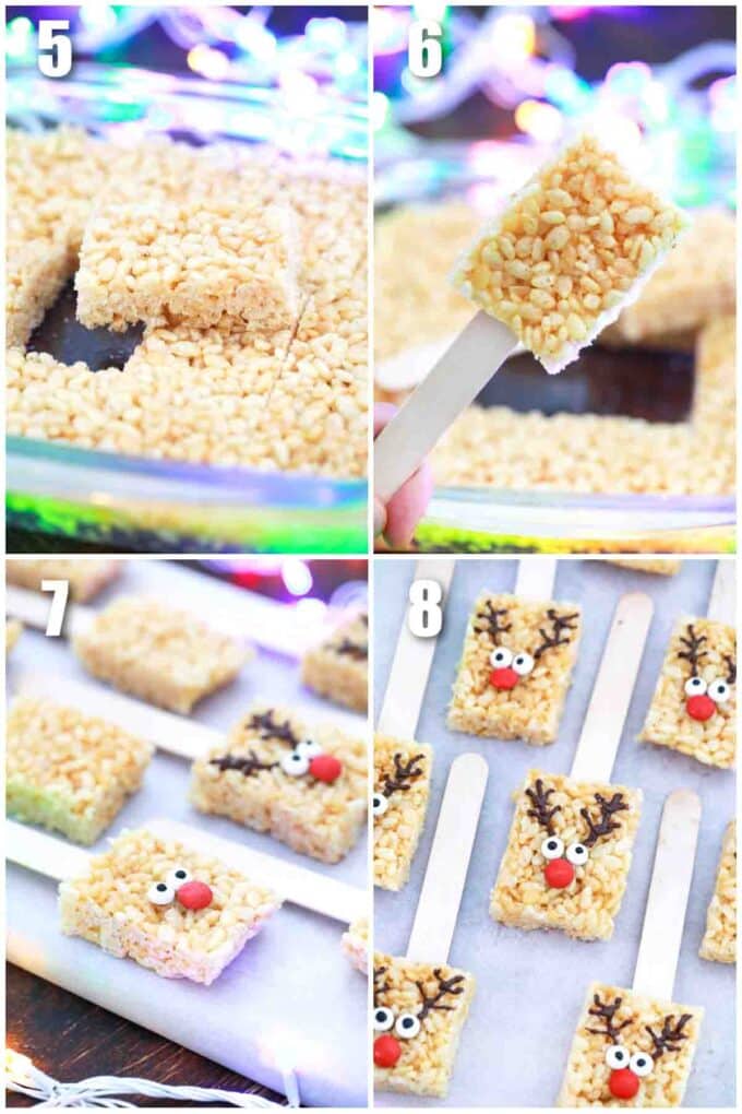 photo collage of steps how to make no bake reindeer rice krispies