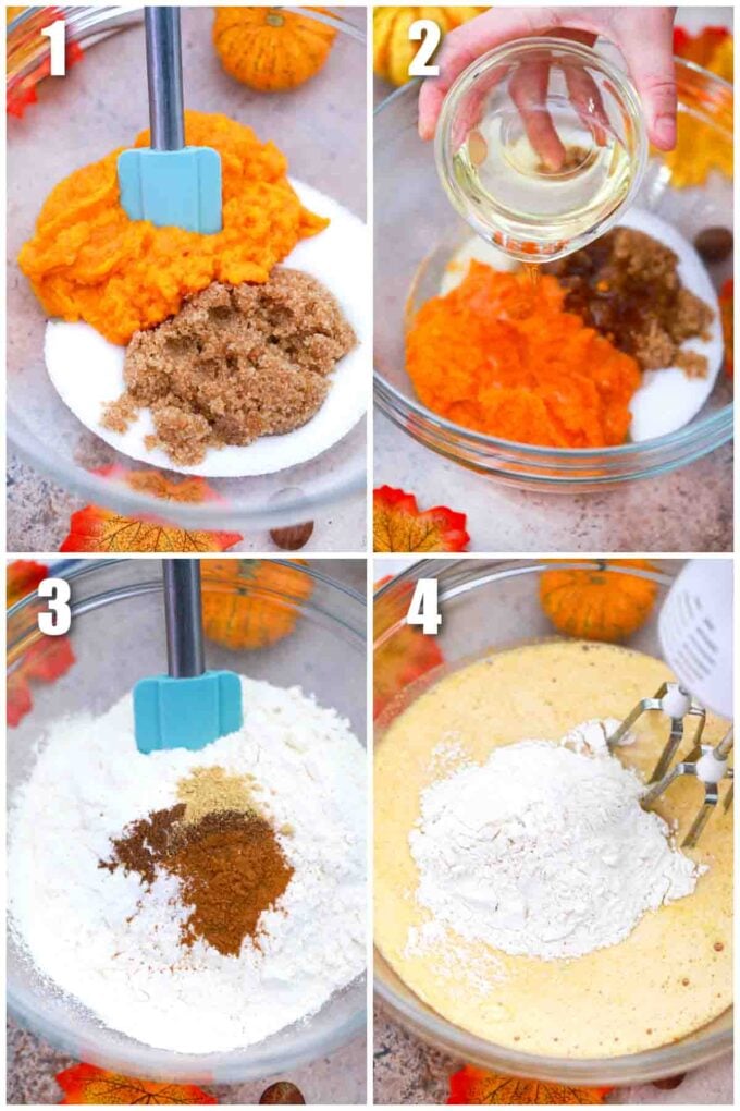 photo collage of steps how to make tres leches pumpkin cake