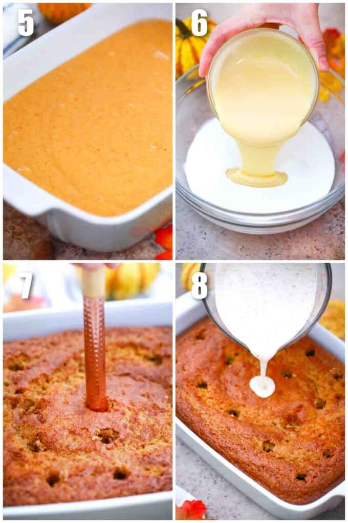 photo collage of steps how to make tres leches pumpkin spice cake