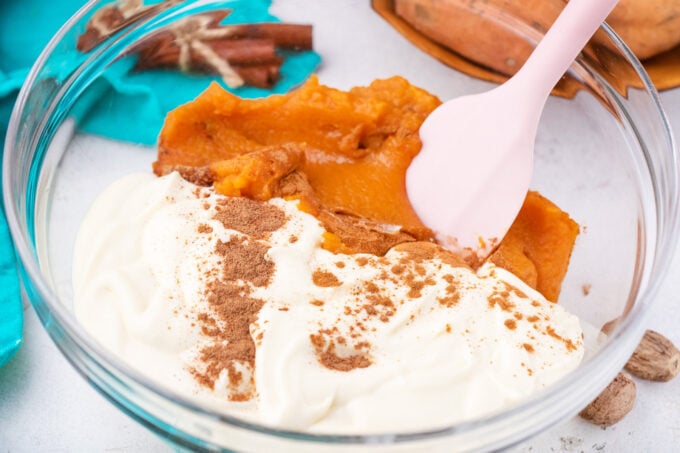 Making sweet potato cheesecake.