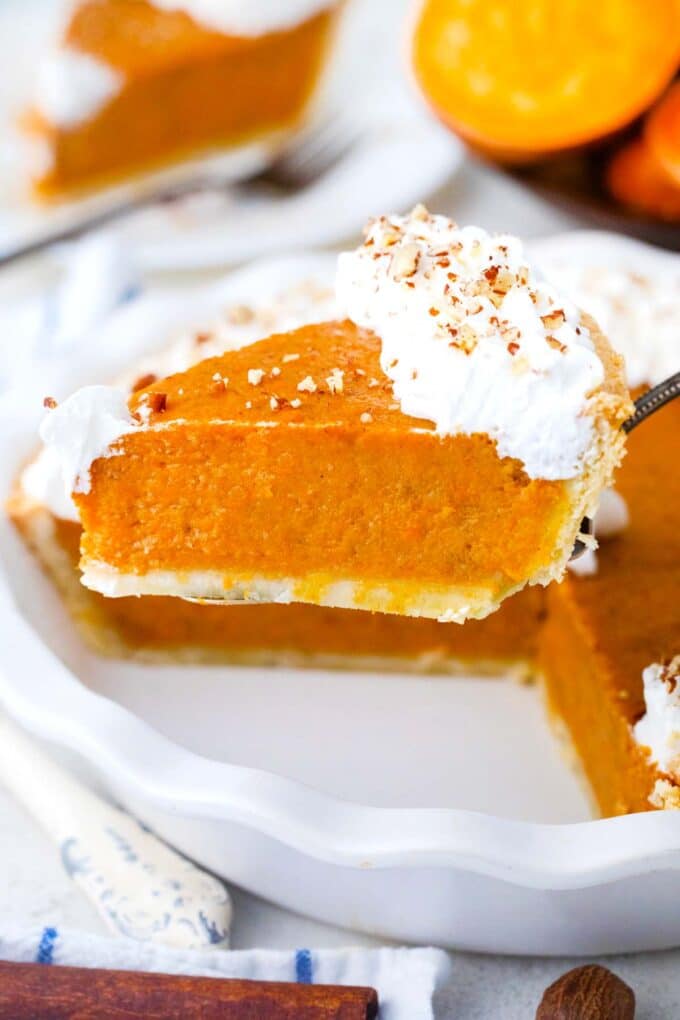 sweet potato pie slice on a serving spatula