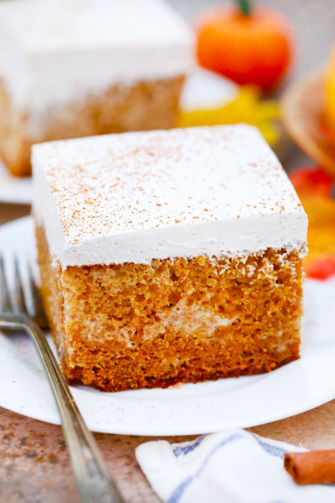A slice of homemade tres leches pumpkin cake.