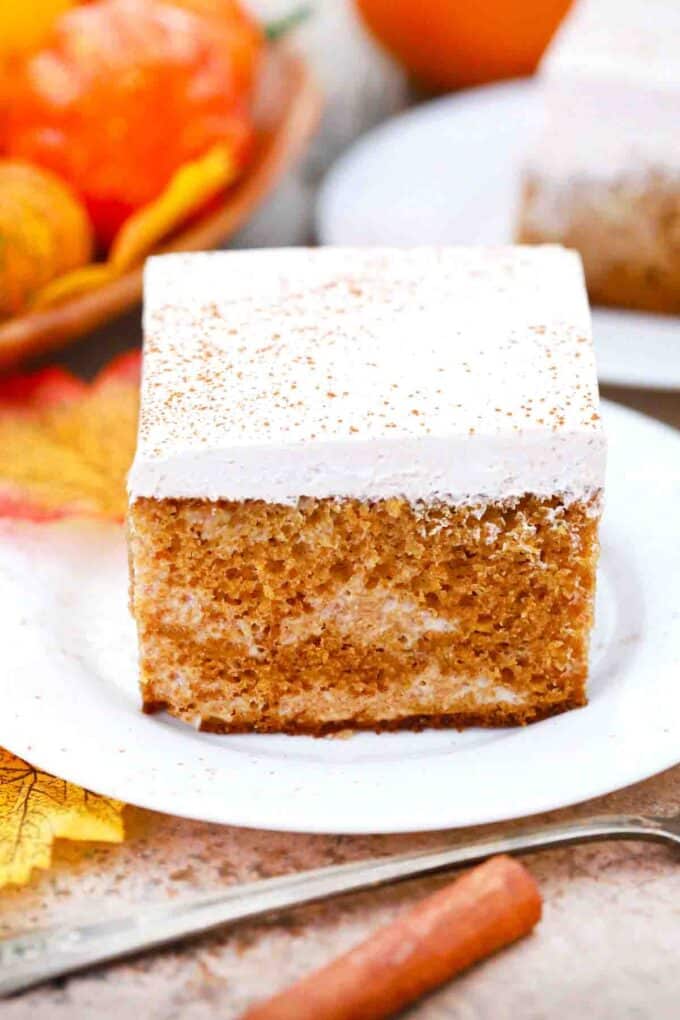 a slice of tres leches pumpkin cake