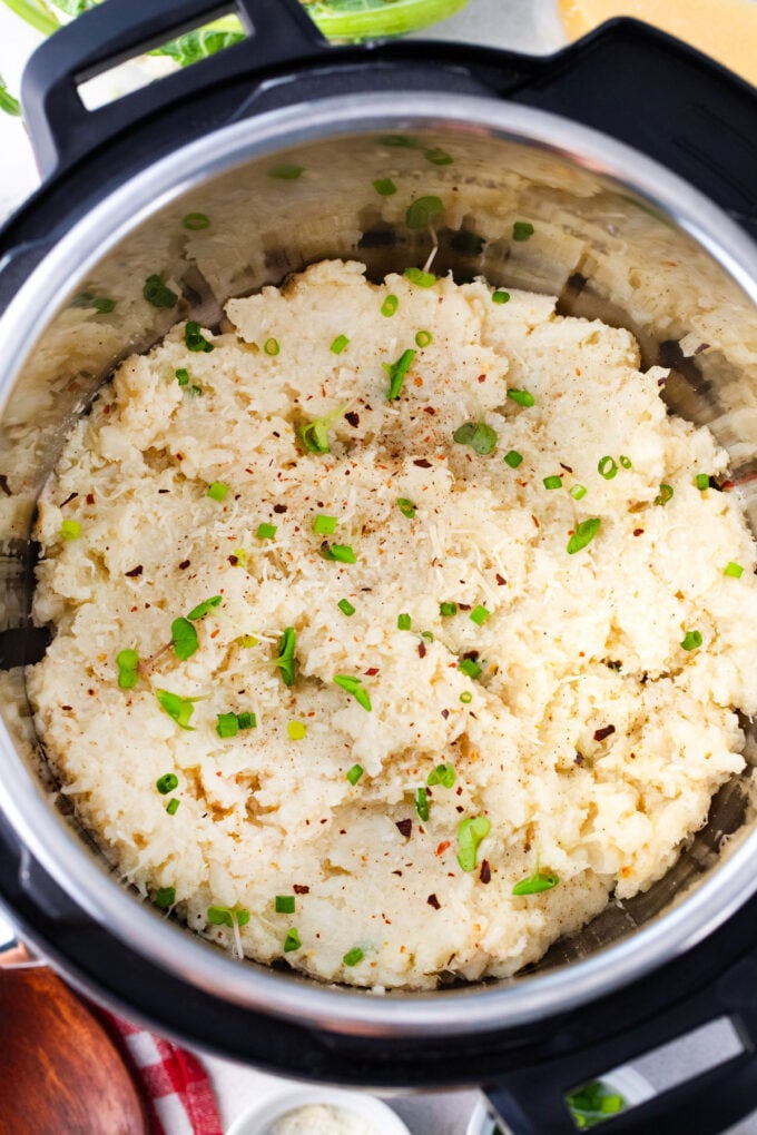Overhead shot of perfectly creamy Instant Pot mashed cauliflower.