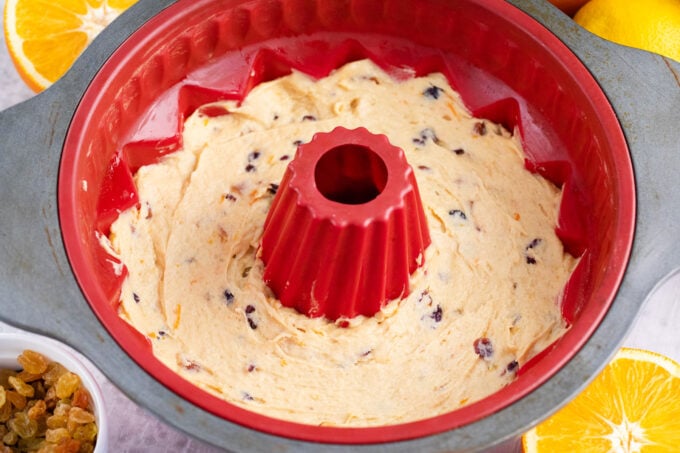 Simnel cake batter in bundt pan.