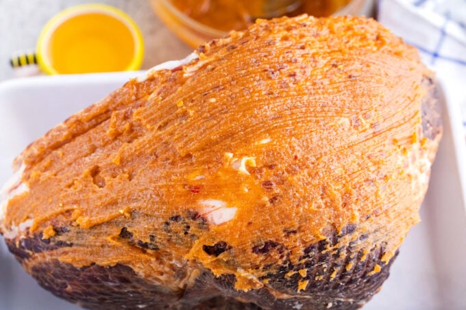 Ham coated in honey butter sauce.