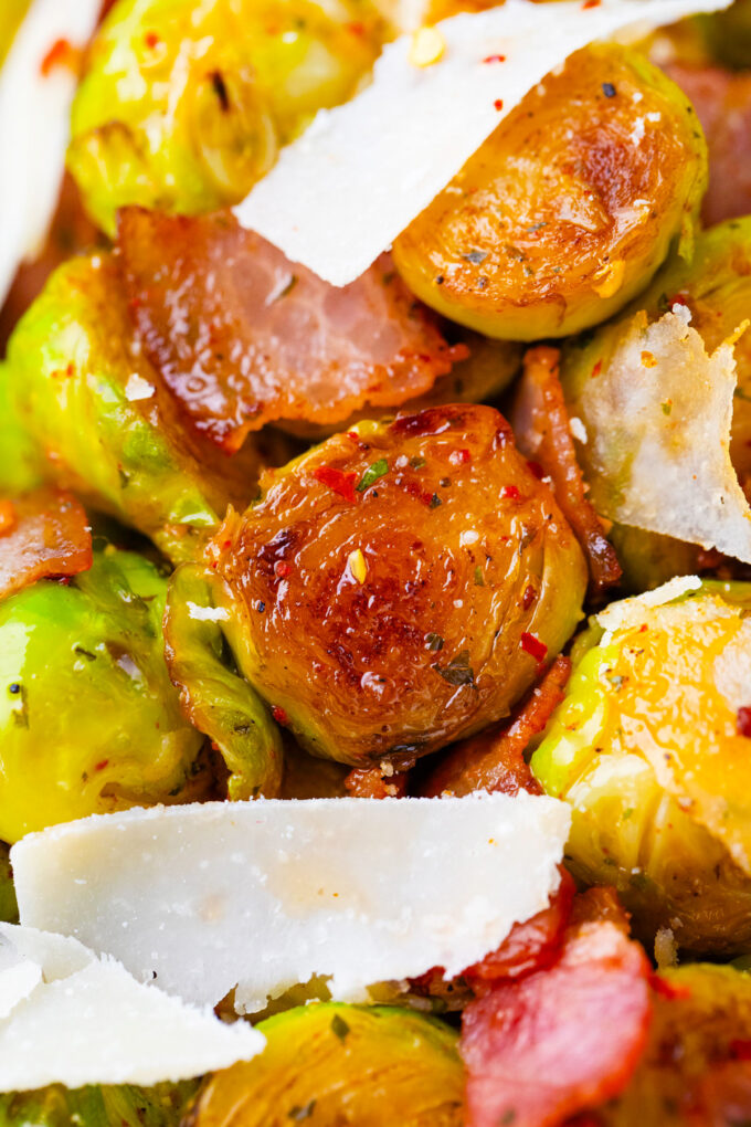 Close shot of Brussels sprouts with bacon.