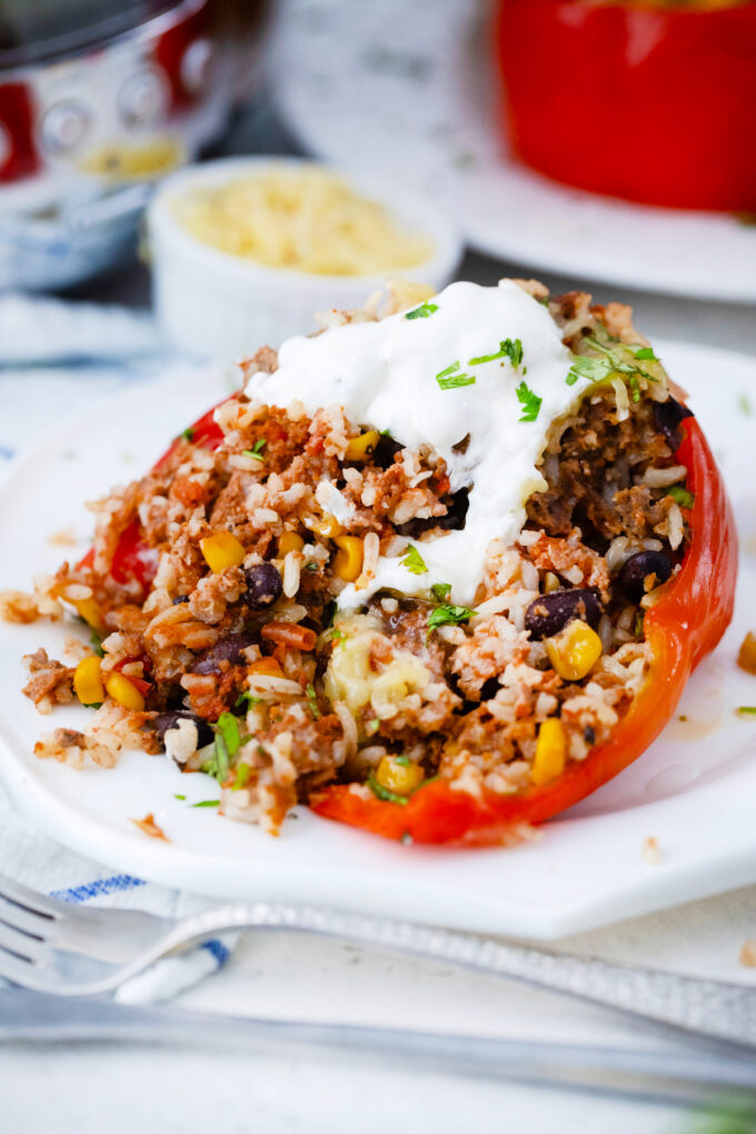 Very hearty slow cooker Mexican stuffed peppers.