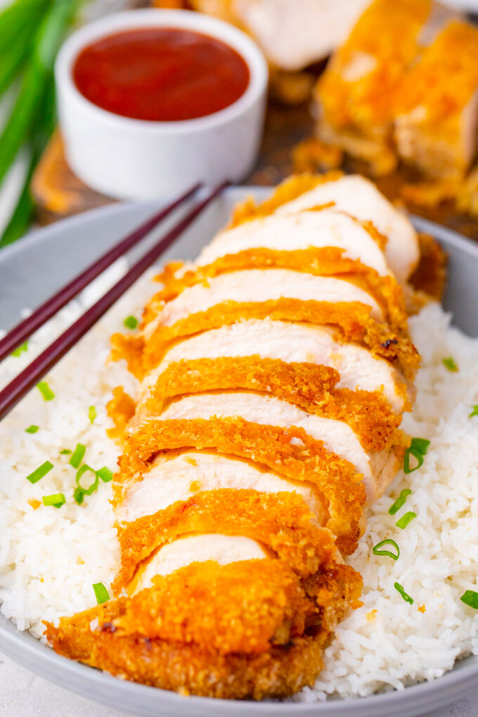 Homemade chicken katsu over rice.