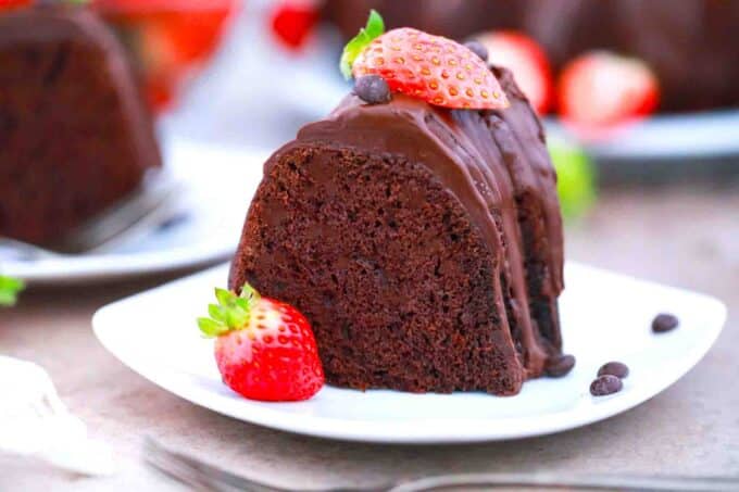 slice of chocolate pound cake on a plate