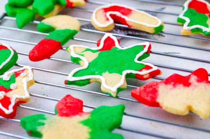 Christmas sugar cookies on a cooling rack