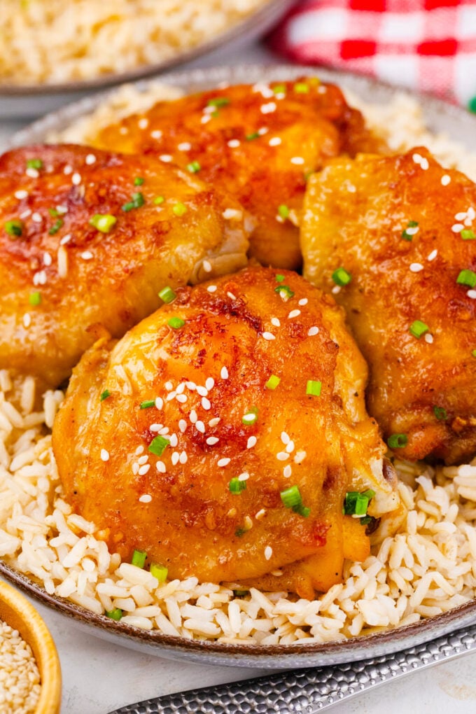 Slow cooker brown sugar garlic chicken served with rice.