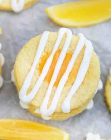 overhead shot of homemade lemon thumbprint cookies topped with glaze