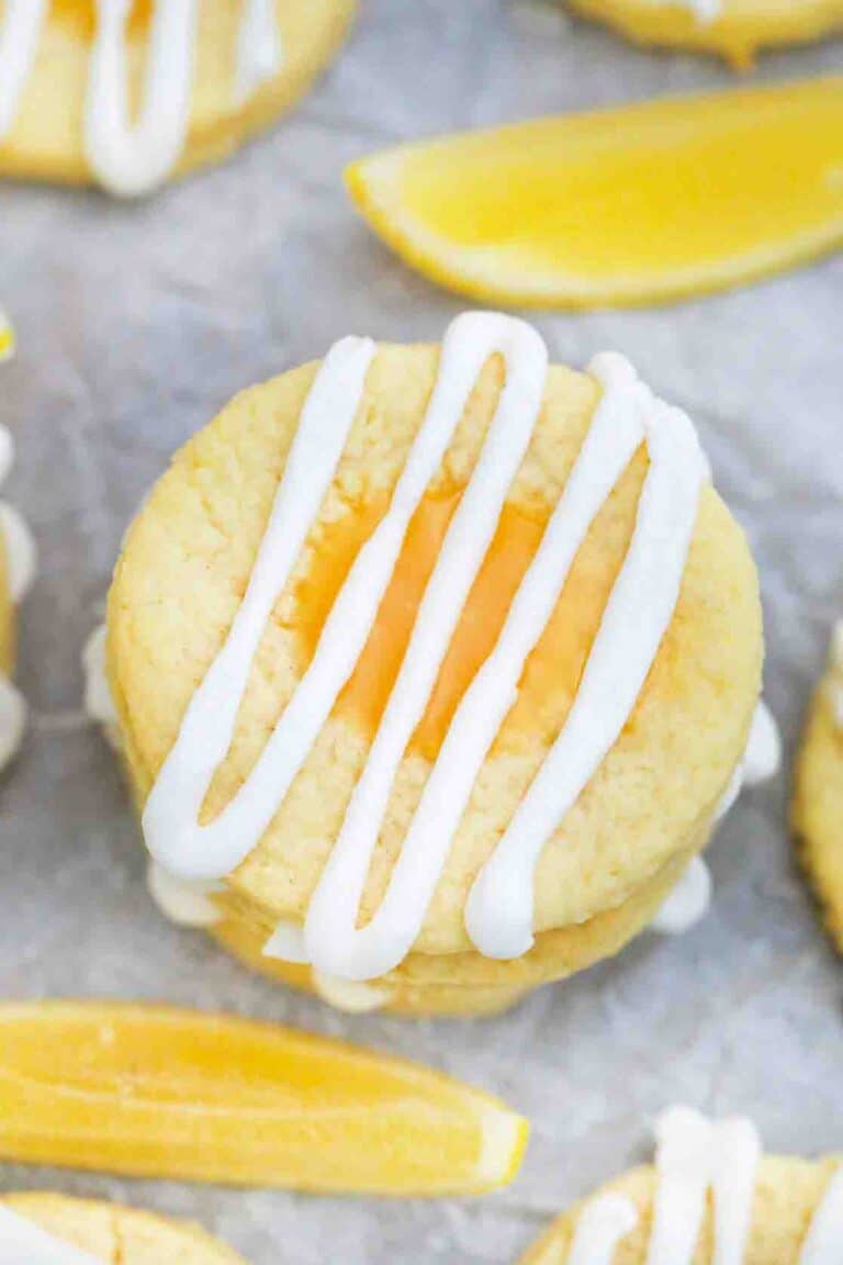 overhead shot of homemade lemon thumbprint cookies topped with glaze