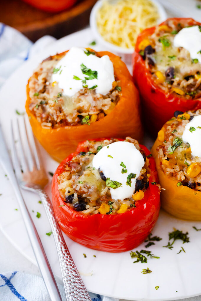 Colorful slow cooker Mexican stuffed peppers.