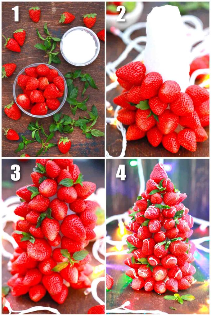 photo collage of how to make a strawberry christmas tree