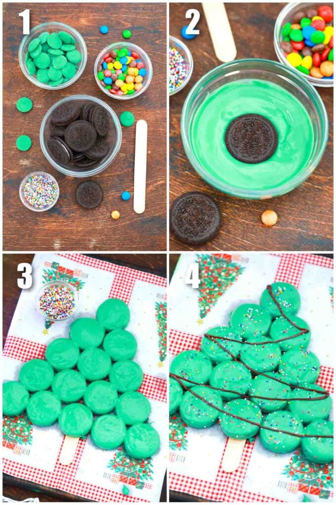 photo collage of how to make an oreo cookie tree