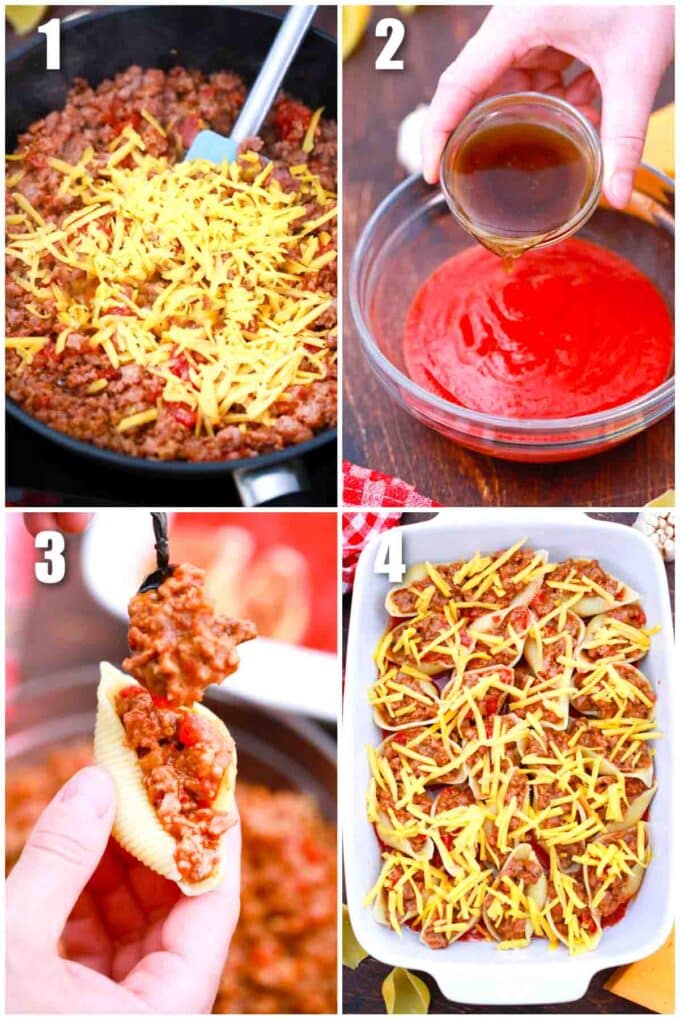 photo collage of how to make cheeseburger stuffed shells