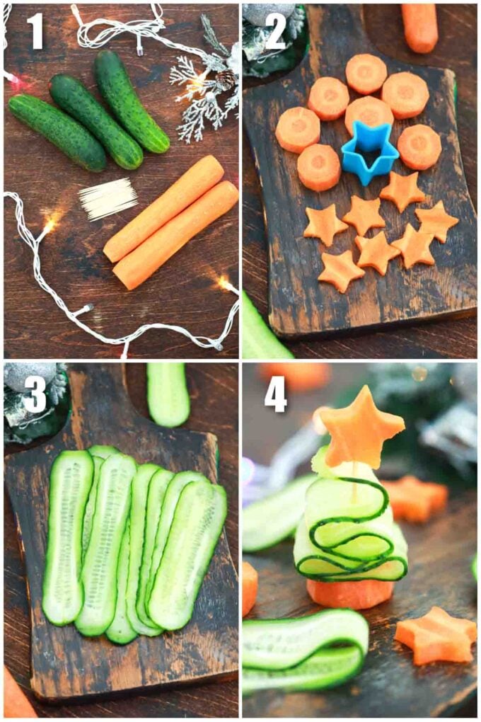 photo collage of how to make cucumber christmas trees