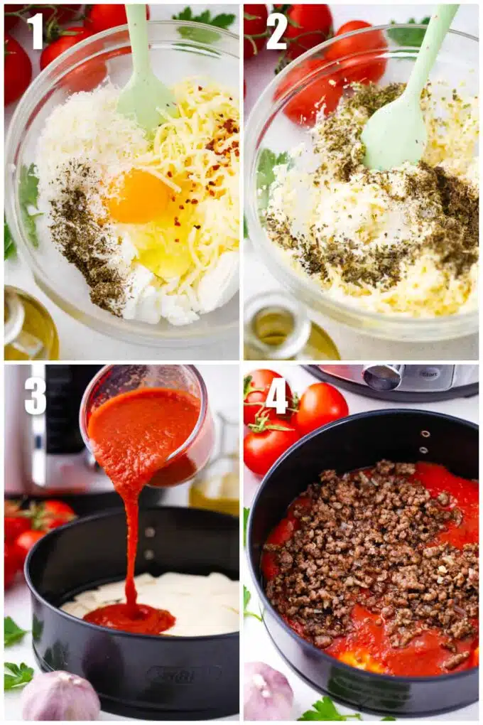 collage of four photos showing how to make instant pot lasagna
