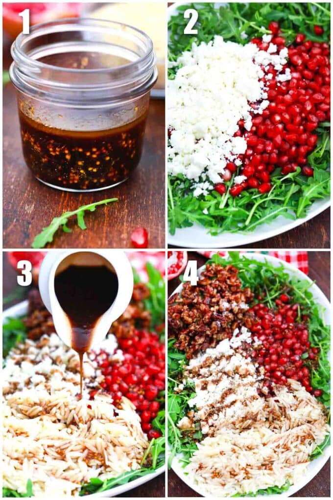 photo collage of steps how to make pomegranate orzo salad