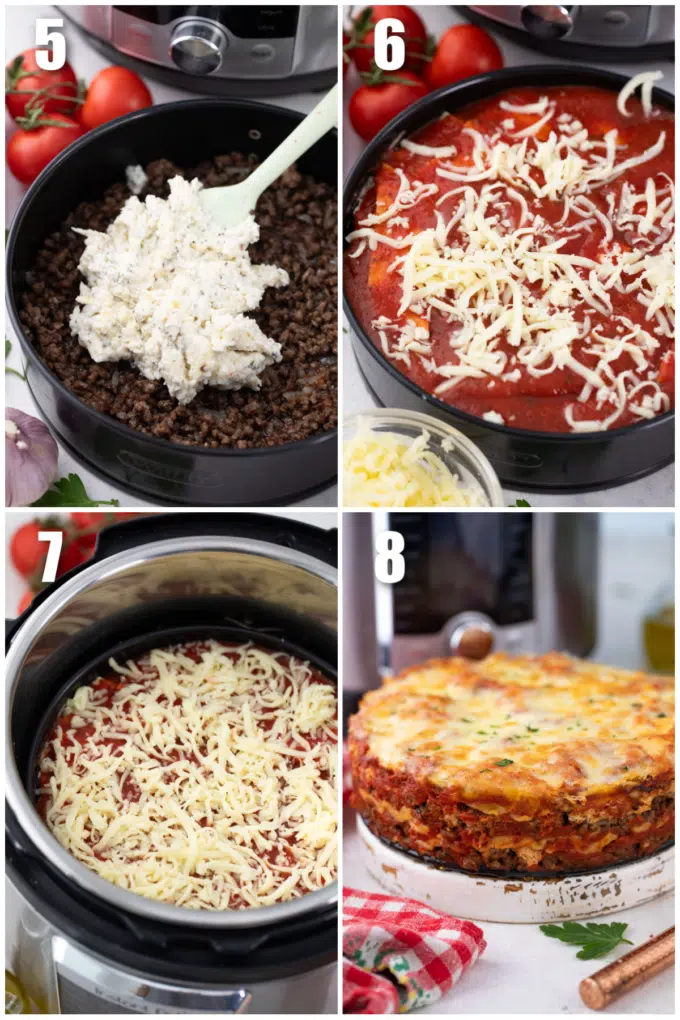 collage of four photos showing how to make pressure cooker lasagna