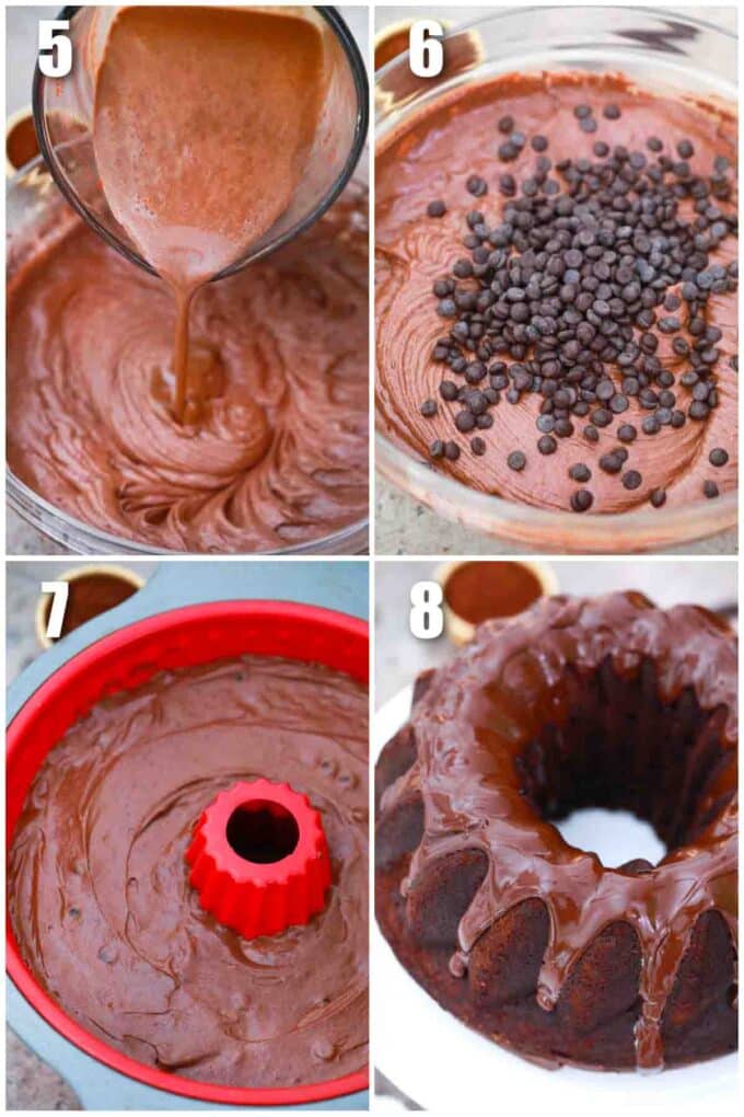 photo collage of steps how to make triple chocolate pound cake