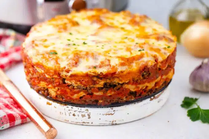 a round instant pot lasagna on a plate