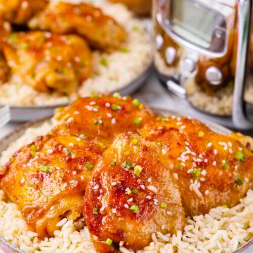 Juicy crockpot brown sugar garlic chicken served with rice.