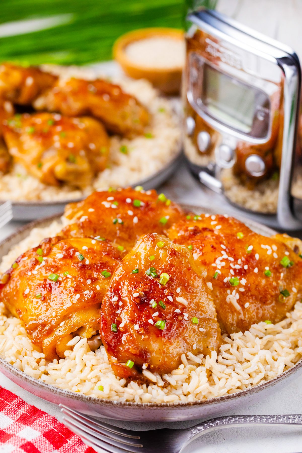 Juicy crockpot brown sugar garlic chicken served with rice.