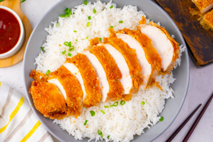Very crispy chicken katsu over rice.