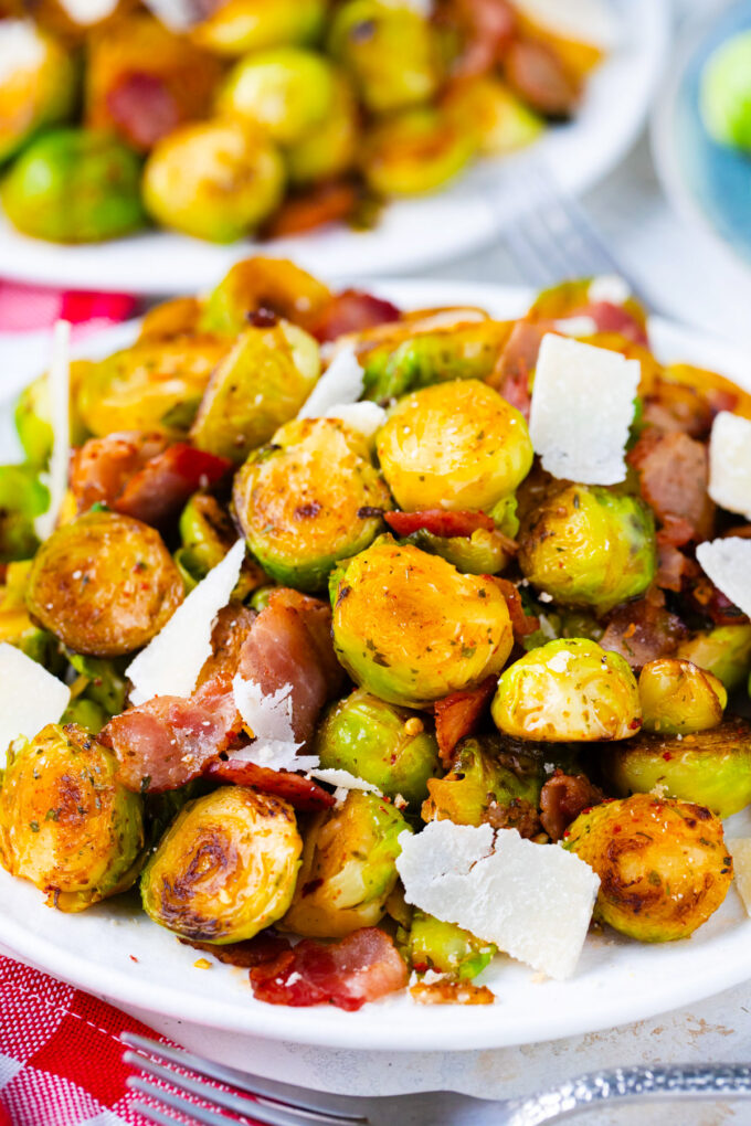 Perfectly cooked Brussels sprouts with bacon.
