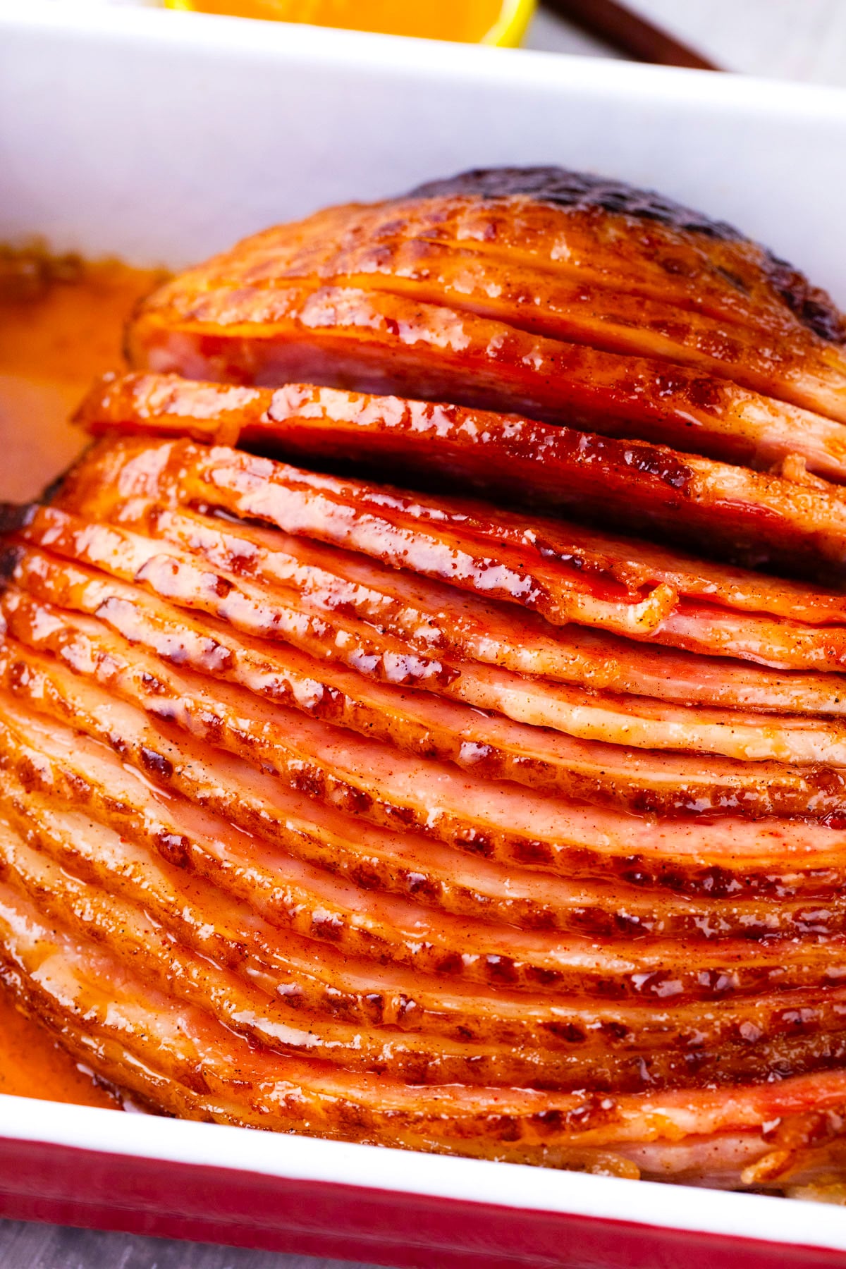 Glossy honey butter ham slices.