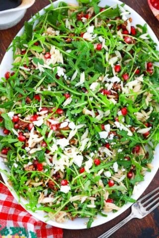 overhead shot of pomegranate orzo salad