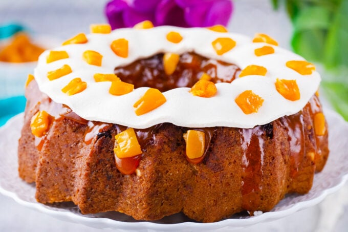 Easter Simnel cake topped with marzipan and apricot jam.
