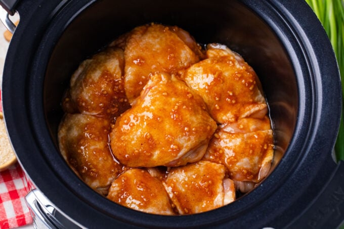 Chicken thighs in brown sugar garlic sauce in the slow cooker.