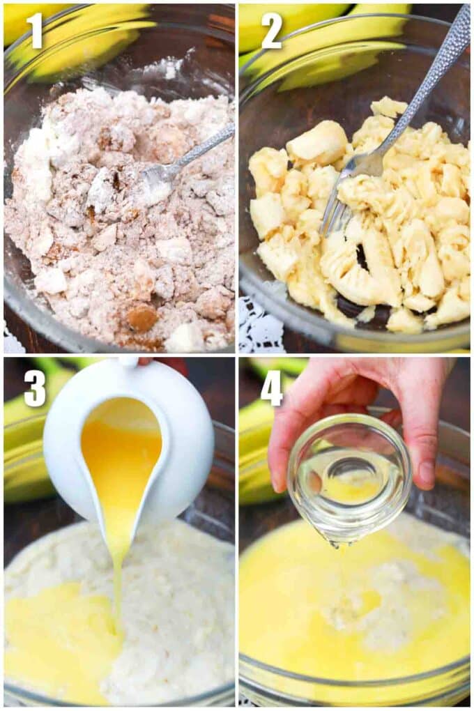 photo collage of steps how to make banana crumb cake