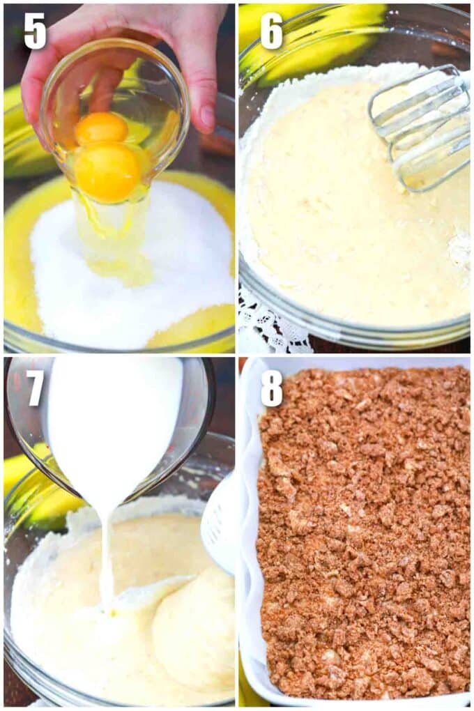photo collage of steps how to make banana crumb cake recipe