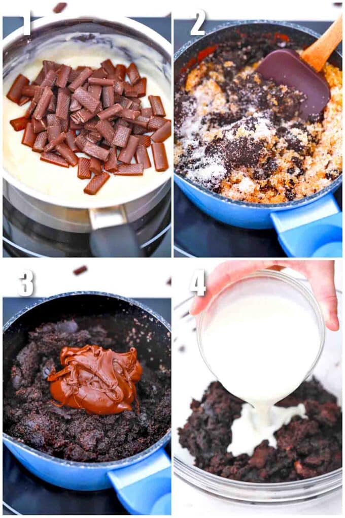 photo collage of steps how to make cheesecake factory chocolate blackout cake