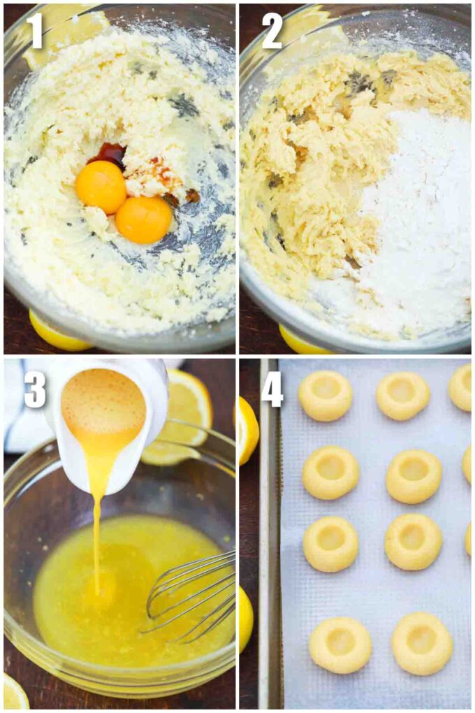 photo collage of steps how to make homemade lemon thumbprint cookies